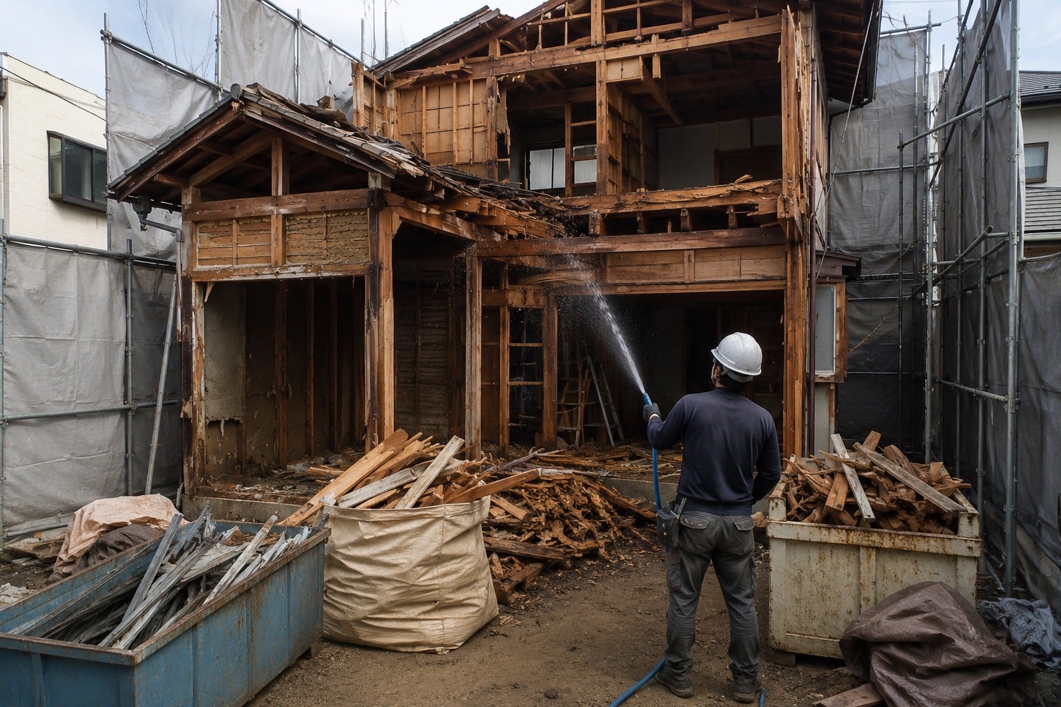 養生足場に囲まれた解体現場（イメージ）