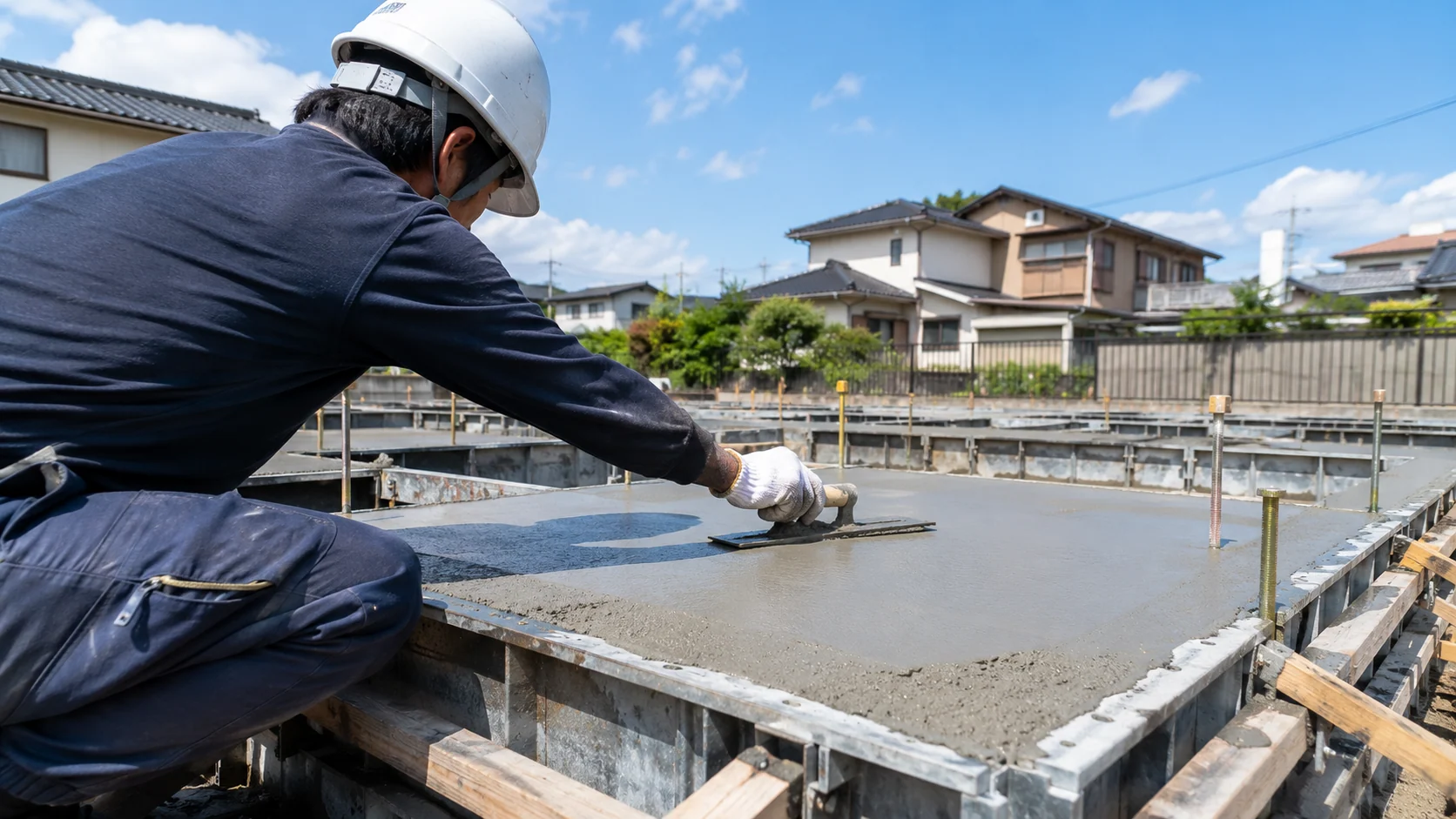 基礎コンクリートをコテで仕上げる様子（イメージ）