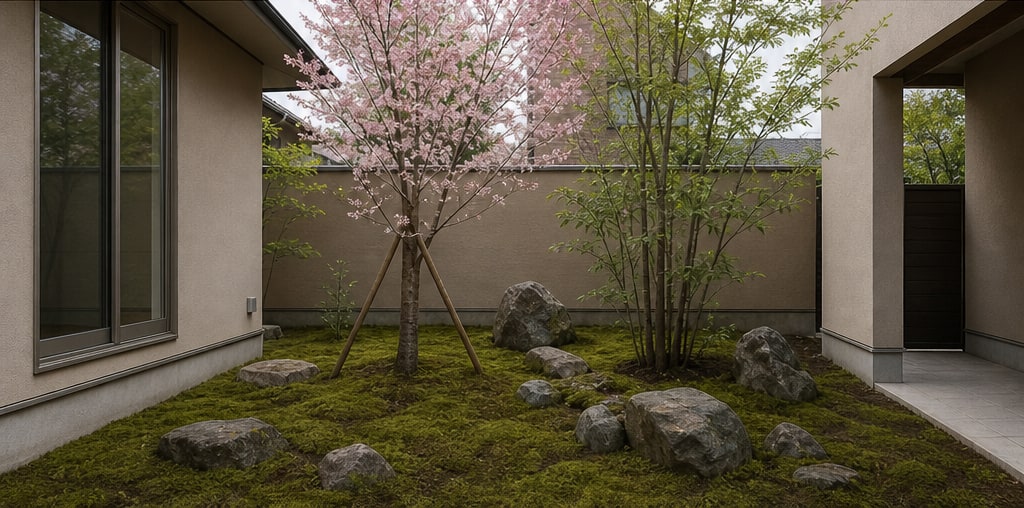 桜と苔の庭の完成イメージ