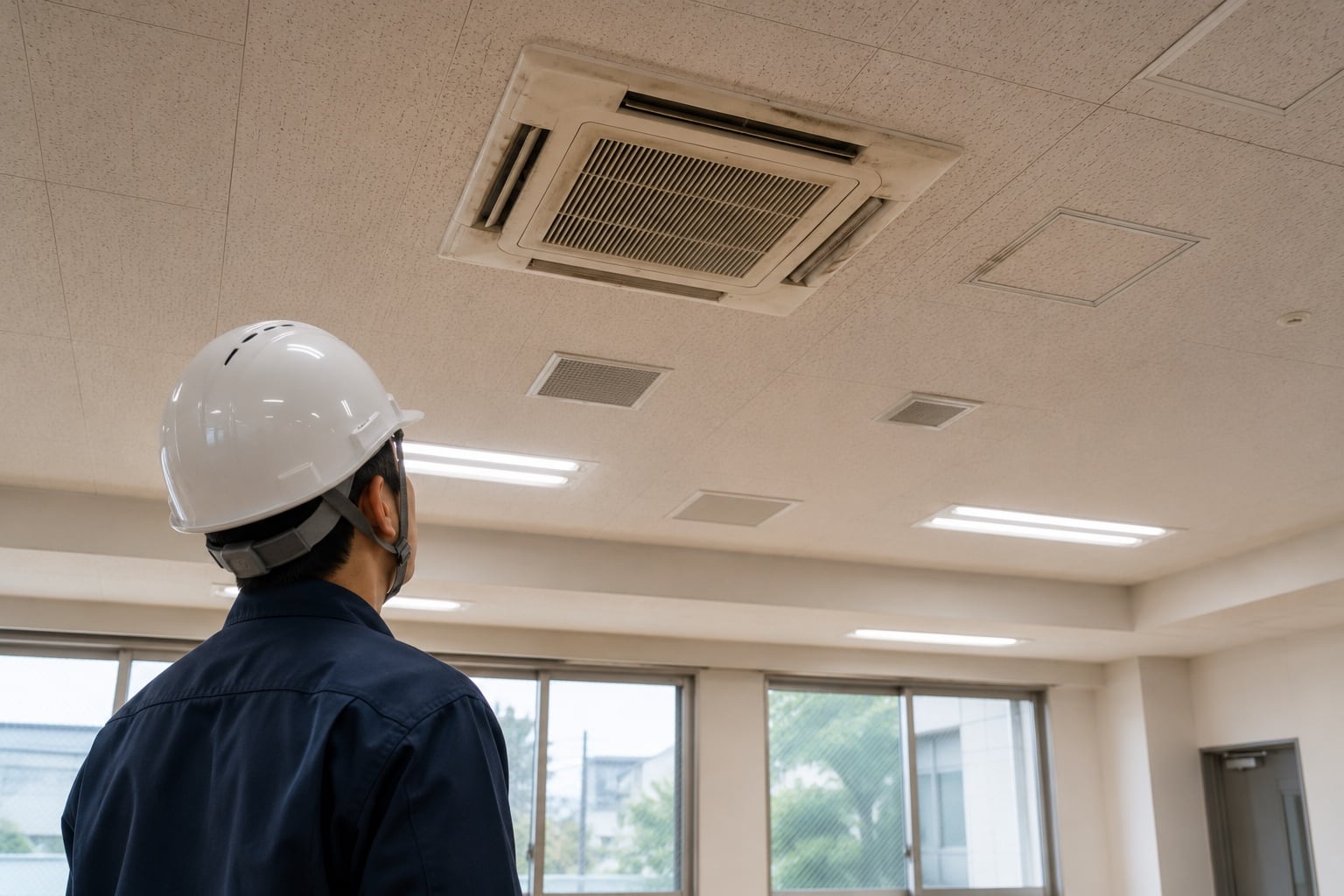 施工前：汚れと能力低下が目立つ天井カセット形エアコン（イメージ）