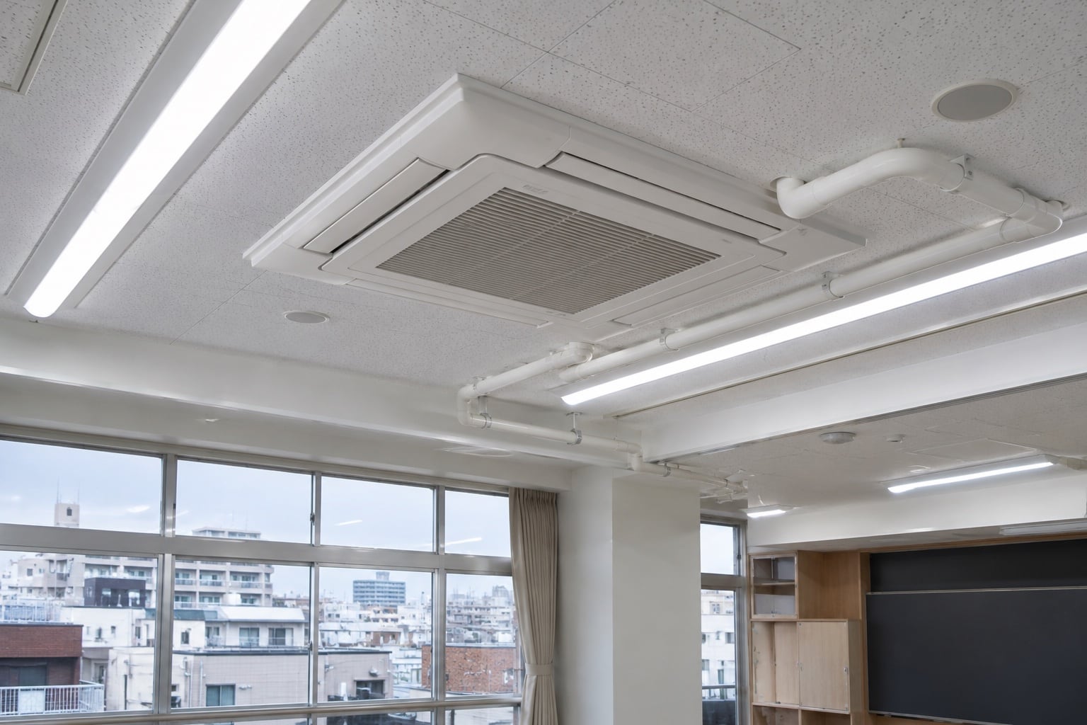 新しく取り付けた業務用エアコンと整った室内（イメージ）