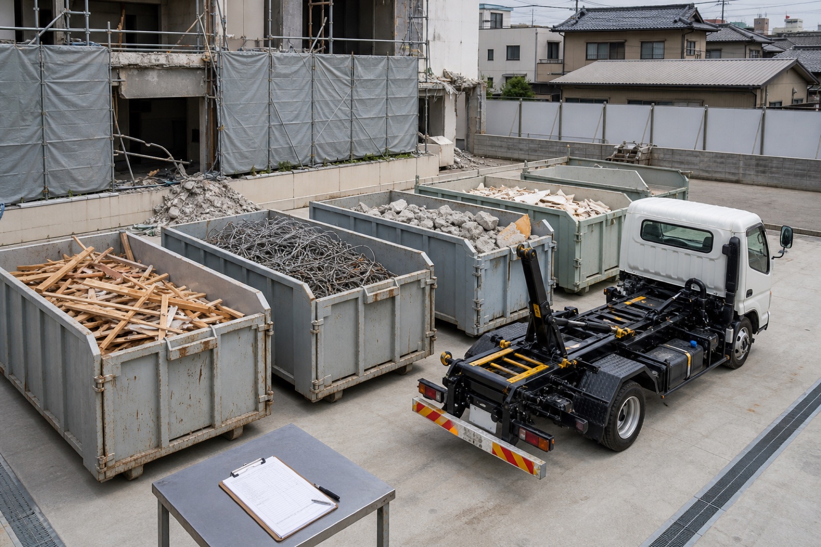 解体材を種類別に分別した処理ヤード